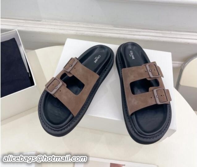 Pretty Style Celine Suede Flat Slides Sandal with Double Buckle Strap Brown 813053