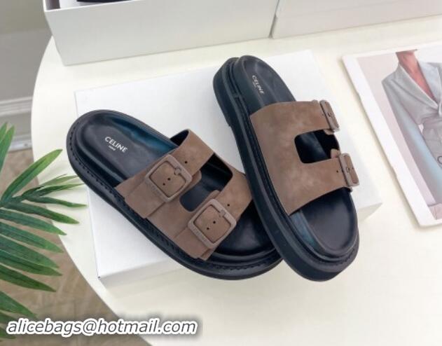 Pretty Style Celine Suede Flat Slides Sandal with Double Buckle Strap Brown 813053