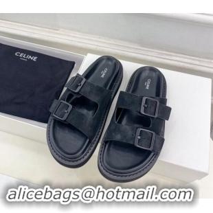 Shop Duplicate Celine Suede Flat Slides Sandal with Double Buckle Strap Black 813054