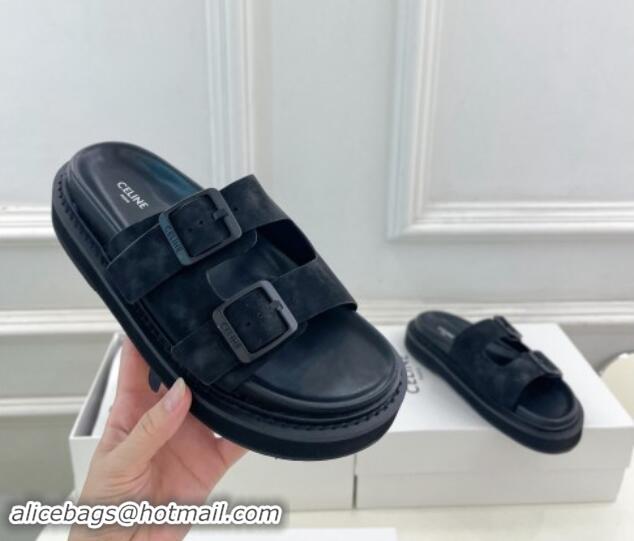 Shop Duplicate Celine Suede Flat Slides Sandal with Double Buckle Strap Black 813054