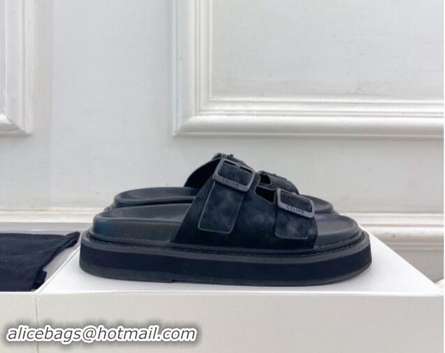 Shop Duplicate Celine Suede Flat Slides Sandal with Double Buckle Strap Black 813054