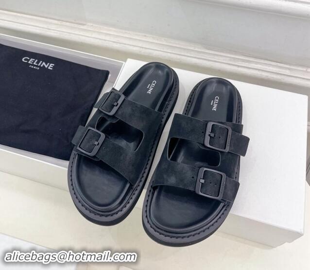 Shop Duplicate Celine Suede Flat Slides Sandal with Double Buckle Strap Black 813054