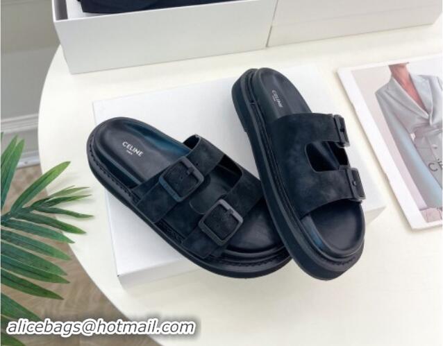 Shop Duplicate Celine Suede Flat Slides Sandal with Double Buckle Strap Black 813054