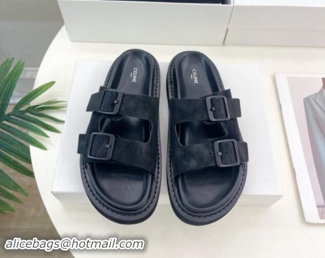 Shop Duplicate Celine Suede Flat Slides Sandal with Double Buckle Strap Black 813054