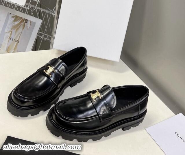 Best Product Celine Shiny Calfskin Platform Loafers 3.5cm with Triomphe Logo Black 903051