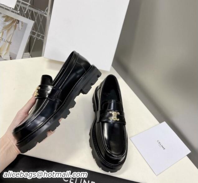 Best Product Celine Shiny Calfskin Platform Loafers 3.5cm with Triomphe Logo Black 903051