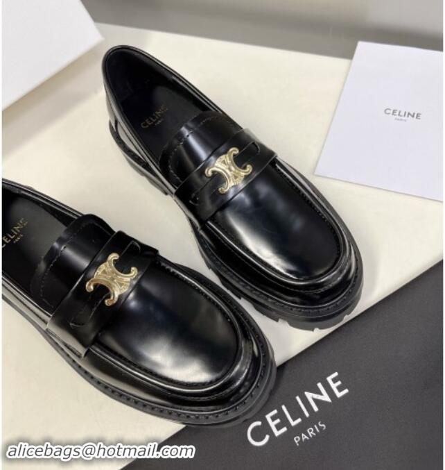 Best Product Celine Shiny Calfskin Platform Loafers 3.5cm with Triomphe Logo Black 903051