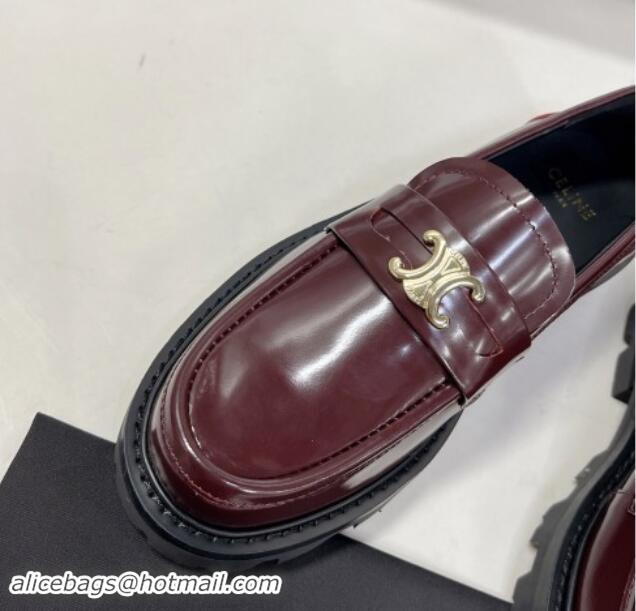 Most Popular Celine Shiny Calfskin Platform Loafers 3.5cm with Triomphe Logo Dark Burgundy 903052