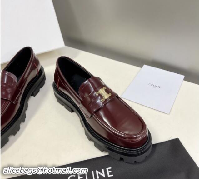 Most Popular Celine Shiny Calfskin Platform Loafers 3.5cm with Triomphe Logo Dark Burgundy 903052