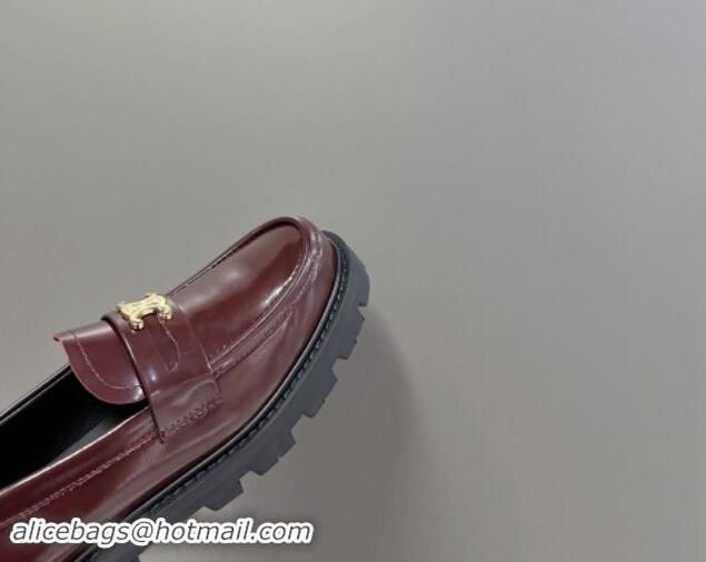 Most Popular Celine Shiny Calfskin Platform Loafers 3.5cm with Triomphe Logo Dark Burgundy 903052