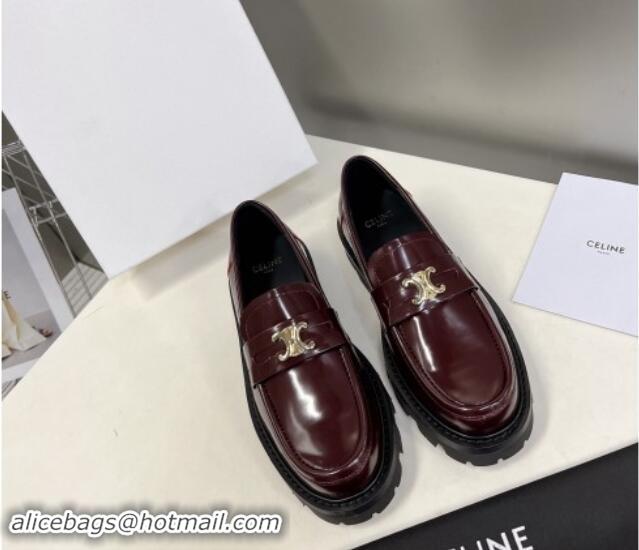 Most Popular Celine Shiny Calfskin Platform Loafers 3.5cm with Triomphe Logo Dark Burgundy 903052