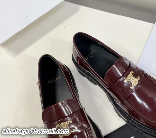 Most Popular Celine Shiny Calfskin Platform Loafers 3.5cm with Triomphe Logo Dark Burgundy 903052