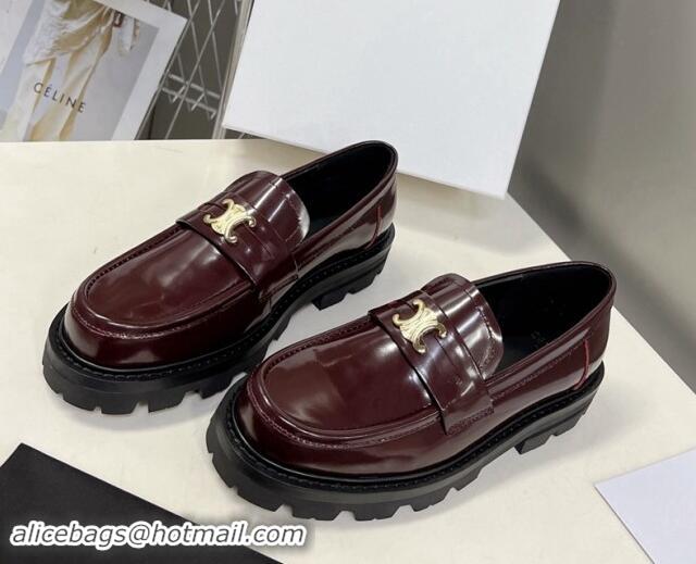 Most Popular Celine Shiny Calfskin Platform Loafers 3.5cm with Triomphe Logo Dark Burgundy 903052