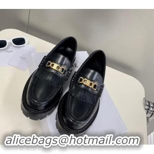 Buy Luxury Celine Margaret Loafers 3.5cm with Fringe and Triomphe Chain in Polished Calfskin Black 903054