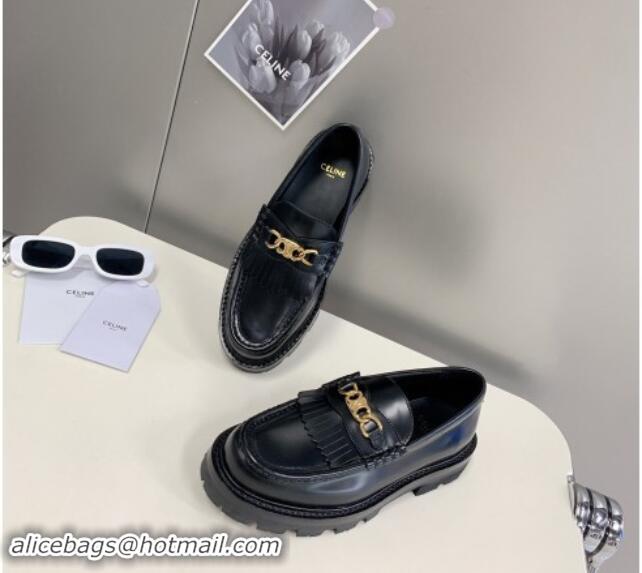 Buy Luxury Celine Margaret Loafers 3.5cm with Fringe and Triomphe Chain in Polished Calfskin Black 903054