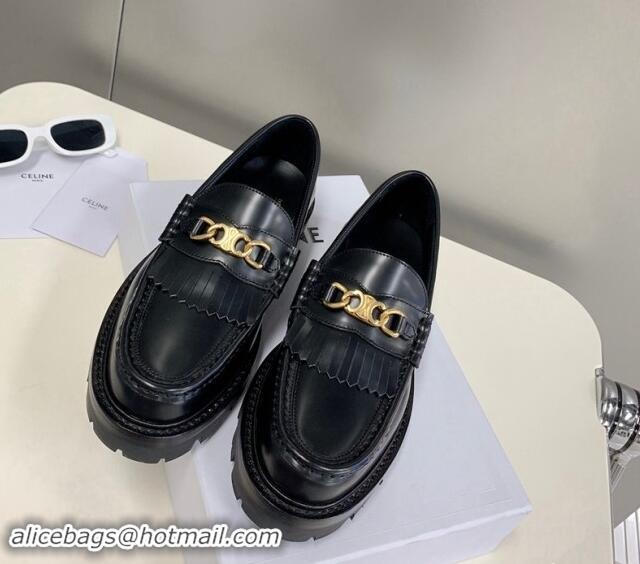 Buy Luxury Celine Margaret Loafers 3.5cm with Fringe and Triomphe Chain in Polished Calfskin Black 903054