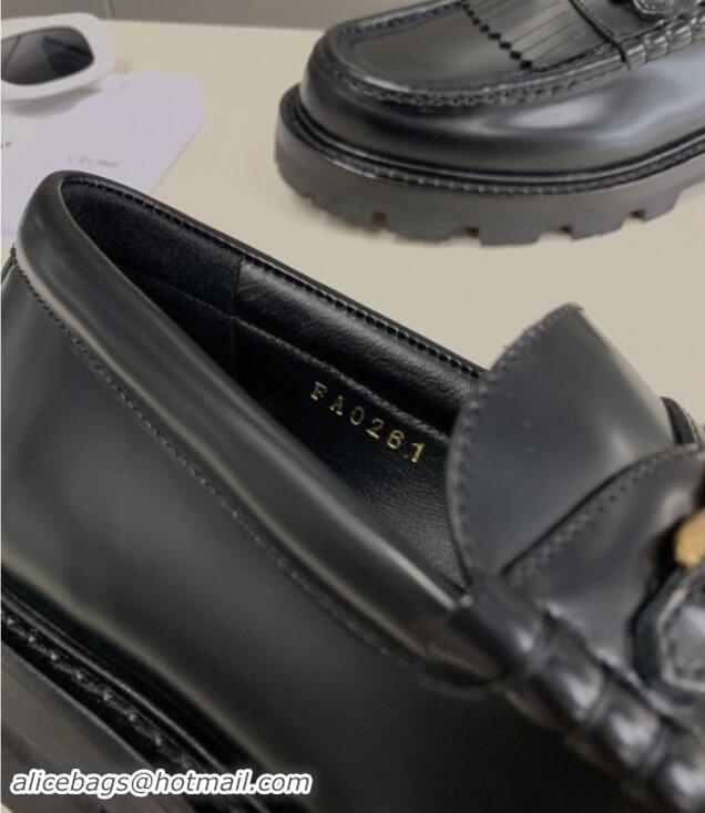 Buy Luxury Celine Margaret Loafers 3.5cm with Fringe and Triomphe Chain in Polished Calfskin Black 903054