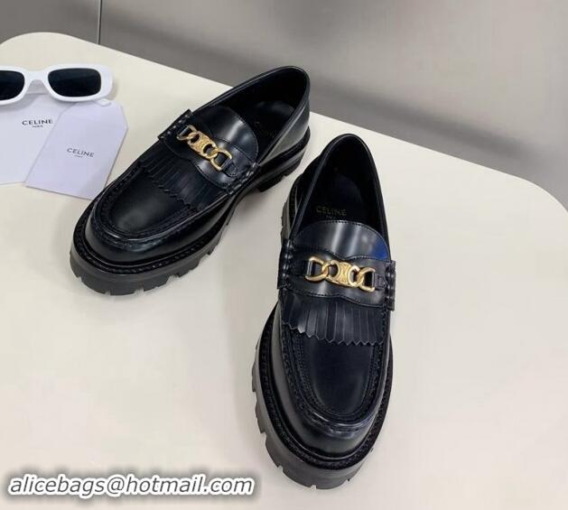 Buy Luxury Celine Margaret Loafers 3.5cm with Fringe and Triomphe Chain in Polished Calfskin Black 903054