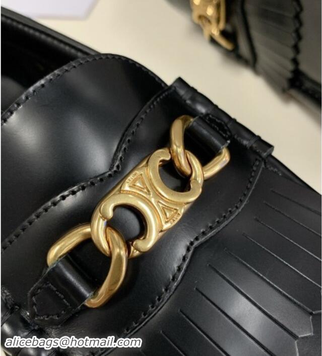 Buy Luxury Celine Margaret Loafers 3.5cm with Fringe and Triomphe Chain in Polished Calfskin Black 903054