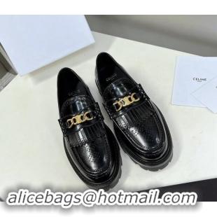 Durable Celine Margaret Loafers 3.5cm with Fringe and Triomphe Chain in Perforate Calfskin Black 903055