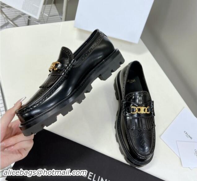 Durable Celine Margaret Loafers 3.5cm with Fringe and Triomphe Chain in Perforate Calfskin Black 903055