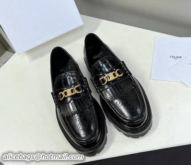 Durable Celine Margaret Loafers 3.5cm with Fringe and Triomphe Chain in Perforate Calfskin Black 903055