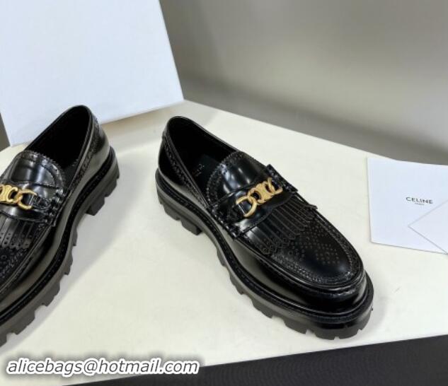 Durable Celine Margaret Loafers 3.5cm with Fringe and Triomphe Chain in Perforate Calfskin Black 903055