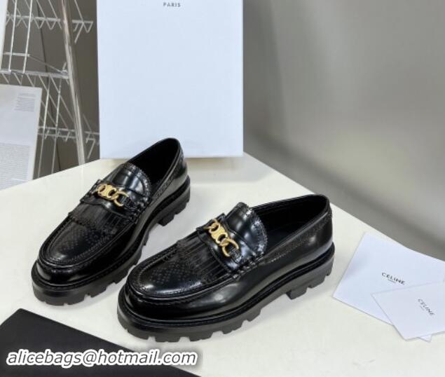 Durable Celine Margaret Loafers 3.5cm with Fringe and Triomphe Chain in Perforate Calfskin Black 903055