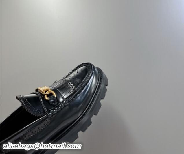 Durable Celine Margaret Loafers 3.5cm with Fringe and Triomphe Chain in Perforate Calfskin Black 903055