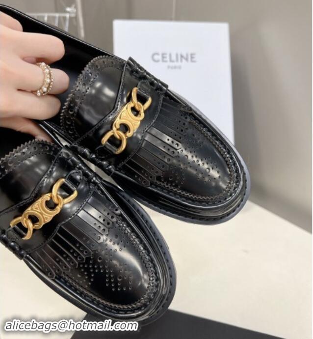 Durable Celine Margaret Loafers 3.5cm with Fringe and Triomphe Chain in Perforate Calfskin Black 903055