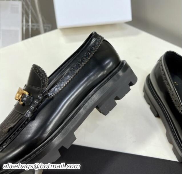 Durable Celine Margaret Loafers 3.5cm with Fringe and Triomphe Chain in Perforate Calfskin Black 903055