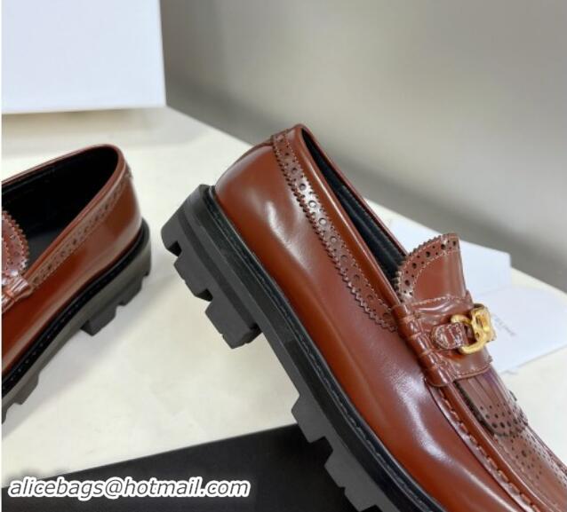 Top Design Celine Margaret Loafers 3.5cm with Fringe and Triomphe Chain in Perforate Calfskin Brown 903056