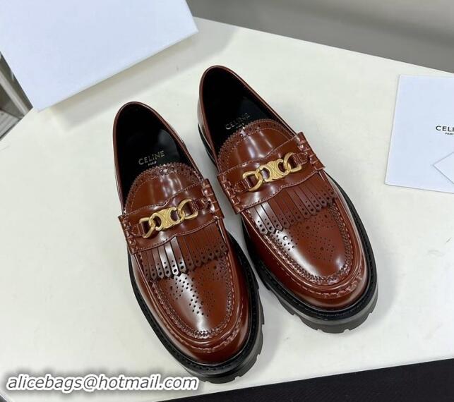 Top Design Celine Margaret Loafers 3.5cm with Fringe and Triomphe Chain in Perforate Calfskin Brown 903056