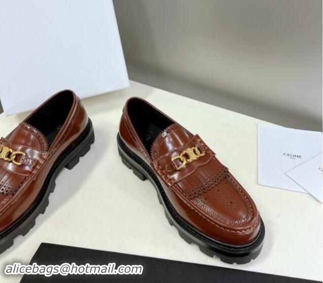 Top Design Celine Margaret Loafers 3.5cm with Fringe and Triomphe Chain in Perforate Calfskin Brown 903056