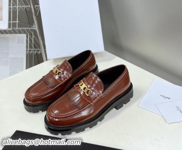 Top Design Celine Margaret Loafers 3.5cm with Fringe and Triomphe Chain in Perforate Calfskin Brown 903056