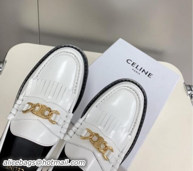 Shop Cheap Celine Margaret Loafers 3.5cm with Fringe and Triomphe Chain in Polished Calfskin White 903057