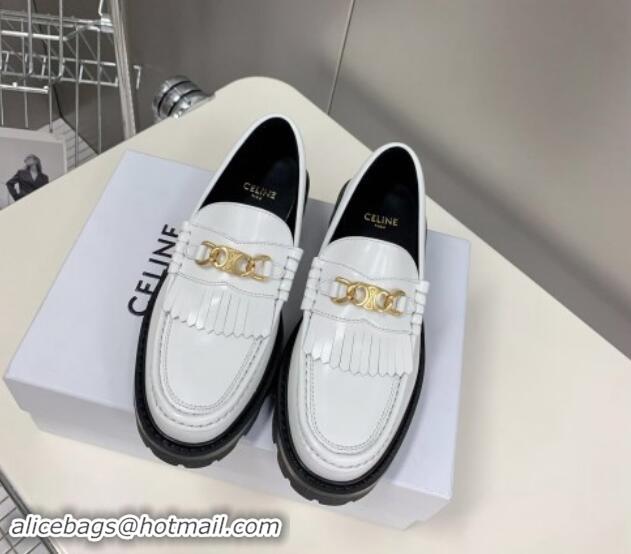 Shop Cheap Celine Margaret Loafers 3.5cm with Fringe and Triomphe Chain in Polished Calfskin White 903057