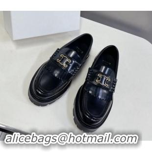 Fashion Luxury Celine Margaret Loafers 3.5cm with Fringe and Cutout Triomphe in Polished Calfskin Black 903061