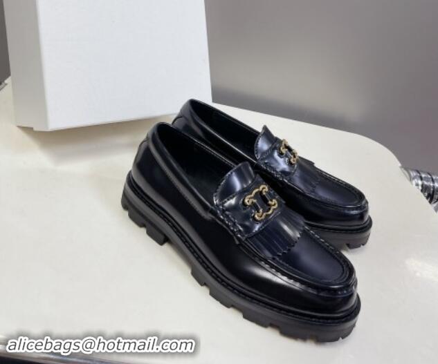 Fashion Luxury Celine Margaret Loafers 3.5cm with Fringe and Cutout Triomphe in Polished Calfskin Black 903061