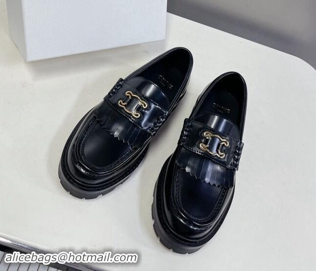 Fashion Luxury Celine Margaret Loafers 3.5cm with Fringe and Cutout Triomphe in Polished Calfskin Black 903061