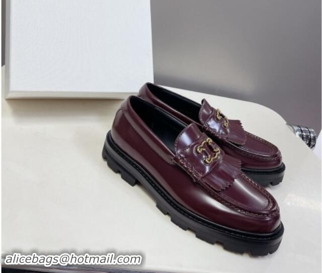 Buy Fashionable Celine Margaret Loafers 3.5cm with Fringe and Cutout Triomphe in Polished Calfskin Burgundy 903062