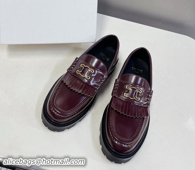 Buy Fashionable Celine Margaret Loafers 3.5cm with Fringe and Cutout Triomphe in Polished Calfskin Burgundy 903062