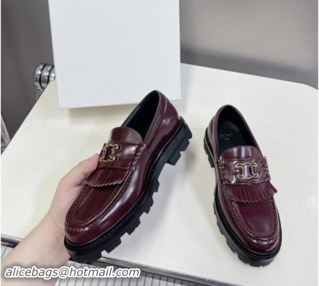 Buy Fashionable Celine Margaret Loafers 3.5cm with Fringe and Cutout Triomphe in Polished Calfskin Burgundy 903062