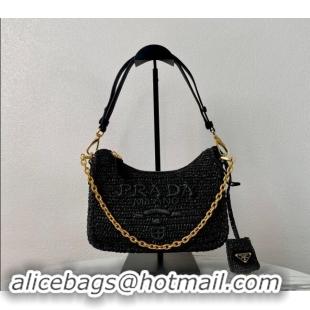 Luxury Discount Prada Re-edition crochet Raffia-effect mini bag 1BC204 Black 2024