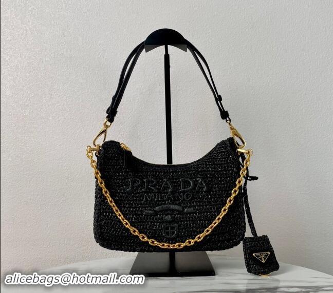 Luxury Discount Prada Re-edition crochet Raffia-effect mini bag 1BC204 Black 2024