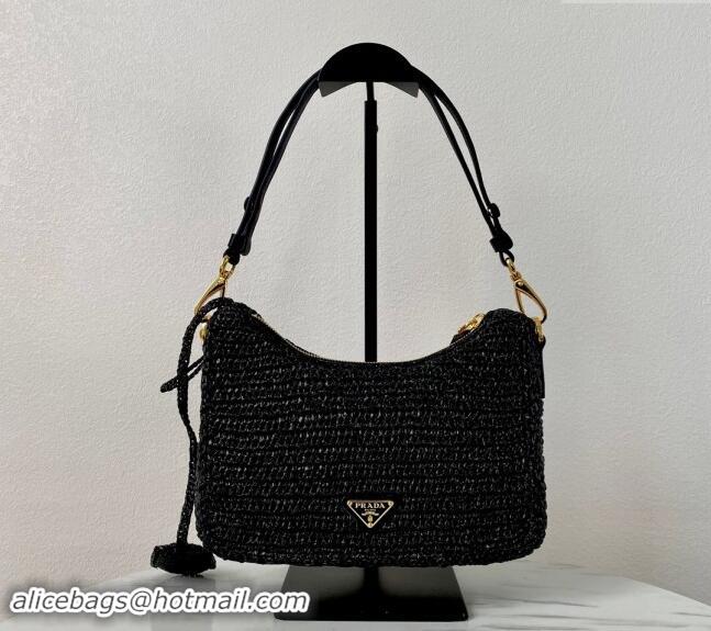 Luxury Discount Prada Re-edition crochet Raffia-effect mini bag 1BC204 Black 2024