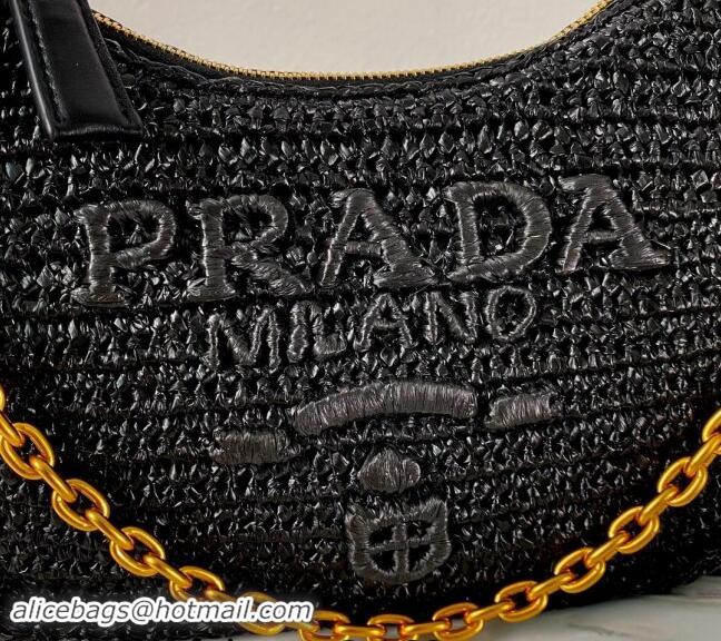 Luxury Discount Prada Re-edition crochet Raffia-effect mini bag 1BC204 Black 2024