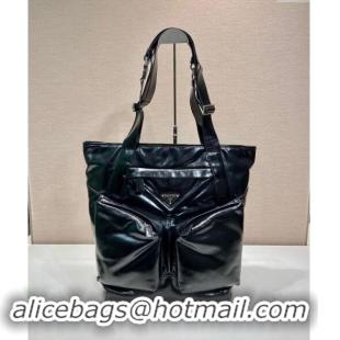 Famous Brand Prada Men's Shiny leather tote bag 2VG120 Black 2024