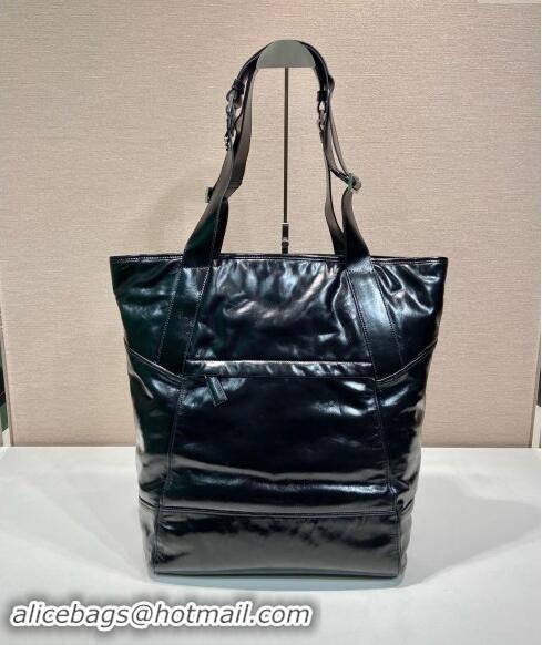 Famous Brand Prada Men's Shiny leather tote bag 2VG120 Black 2024