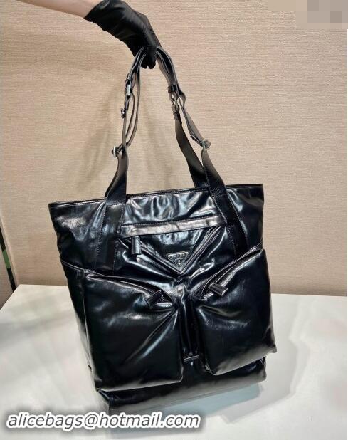 Famous Brand Prada Men's Shiny leather tote bag 2VG120 Black 2024